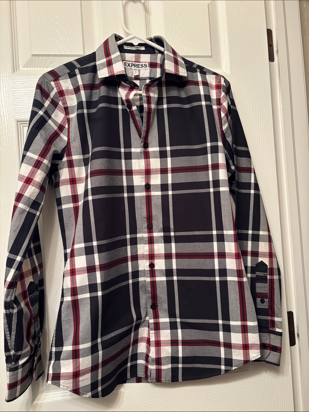 Express Black, White and Red Plaid Button-Down Shirt